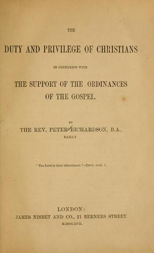 The Duty and Privilege of Christians in Connection with the Support of the Ordinances of the Gospel