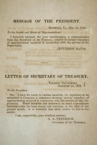 Message of the President ... Dec. 15, 1864 [transmitting a communication from the secretary of the Treasury, relative to certain transfers of appropriations required in connection with the service of his department]