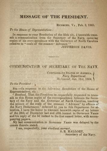 Communication of secretary of the navy ... Jan. 31st, 1864 [i.e. 1865]