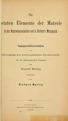 Die letzten Elemente der Materie in den Naturwissenschaften und in Herbart's metaphysik