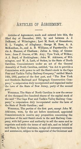 Copy of articles of agreement for the purchase of the stock of the state in the Cape Fear and Yadkin Valley Railroad Co., between the commissioners on the part of the state and the New York and Southern Railroad and Telegraph Construction Company