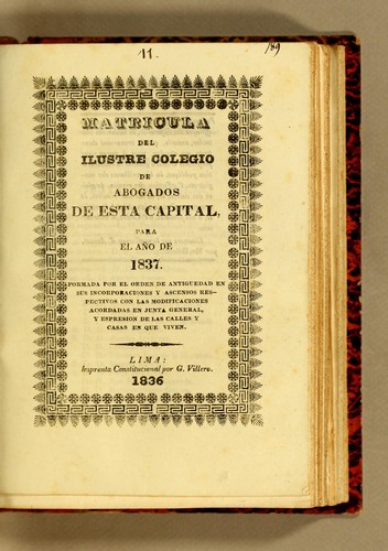 Matricula del ilustre Colegio de Abogados de esta capital, para el año de 1837