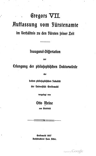 Gregors VII. auffassung vom fürstenamte im verhältnis zu den fürsten seiner zeit ...
