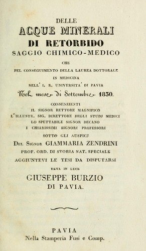 Delle acque minerali di Retorbido saggio chimico-medico ...