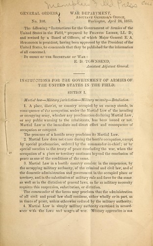 Instructions for the government of armies of the United States in the field