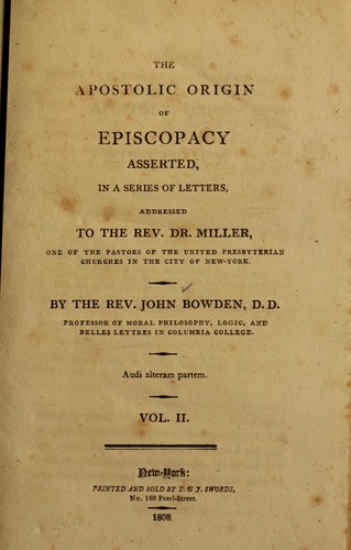 The Apostolic origin of episcopacy asserted
