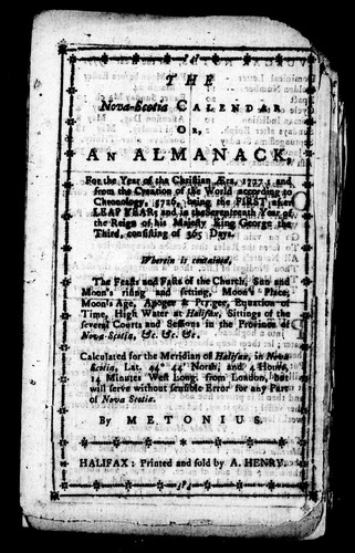 The Nova-Scotia calendar, or, An almanack for the year of the Christian ñra, 1777