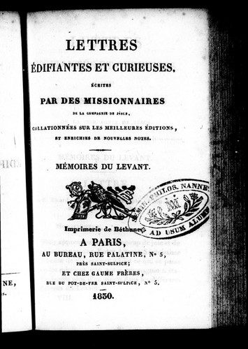 Lettres édifiantes et curieuses écrites par des missionnaires de la Compagnie de Jésus