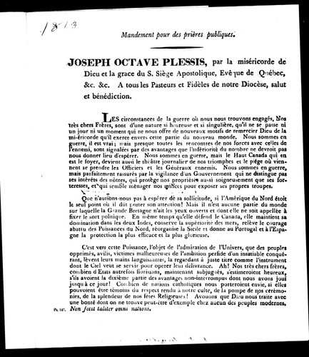 Mandement pour des prières publiques