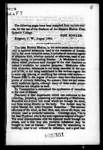 The following pages have been compiled from various sources, for the use of the students of the materia medica class, Queen's College