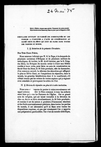 Circulaire invitant le clergé les communautés et les fidèles à s' associer à l'acte de consécration au Sacré Coeur de Jésus qui doit se faire dans toutes les parties du monde