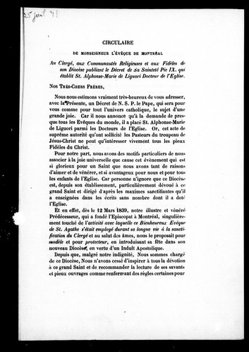 Circulaire de Monseigneur l'évêque de Montréal au clergé, aux communautés religieuses et aux fidèles de son diocèse publiant le décret de Sa Sainteté Pie IX, qui établit St. Alphonse-Marie de Liguori, Docteur de l'Église