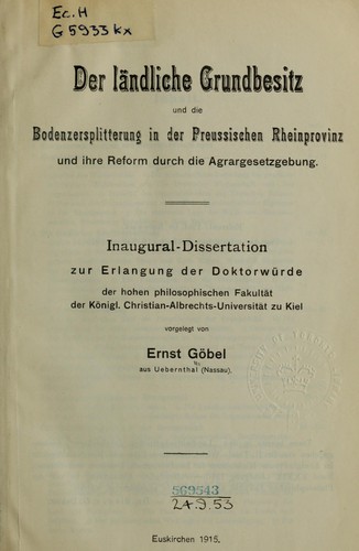Der ländliche Grundbesitz und die Bodenzersplitterung in der preussischen Rheinprovinz