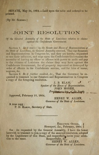 Joint resolution of the General Assembly of the state of Louisiana relative to claims against the Confederate government