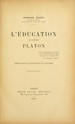 L'éducation d'aprés Platon ...