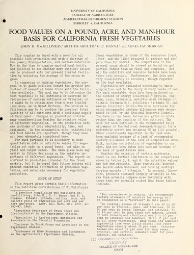 Food values on a pound, acre, and man-hour basis for California fresh vegetables