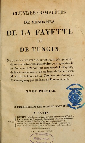 Oeuvres complètes de Mesdames de La Fayette et de Tencin