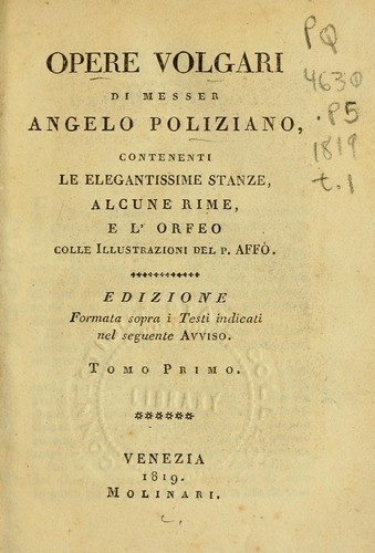 Opere volgari di Messer Angelo Poliziano