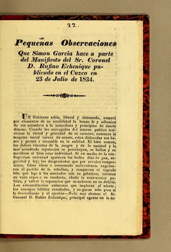 Pequeñas observaciones que Simon Garcia hace a parte del Manifiesto del Sr. coronel D. Rubino Echenique