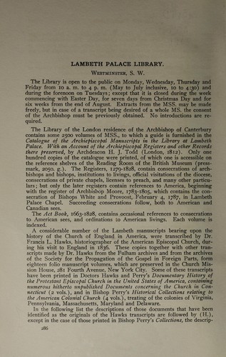 Manuscript materials in Lambeth palace library for the history of the United States to 1783 ...