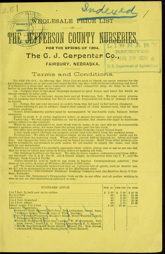 Wholesale price list of the Jefferson County Nurseries for the spring of 1894