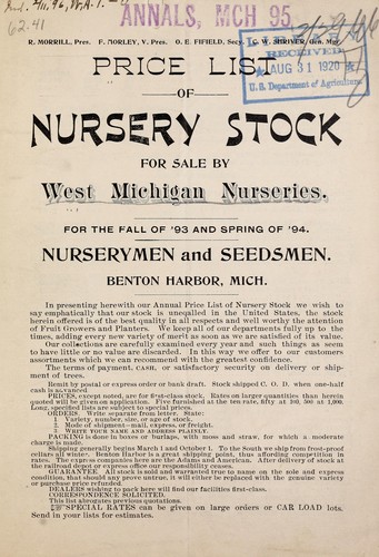 Price list of nursery stock