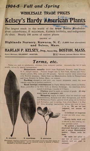 1904-1905 Fall and Spring wholesale trade prices [of] Kelsey's hardy American plants and Carolina mountain flowers