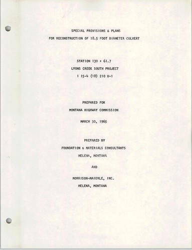 Special provisions & plans for reconstruction of 18.5 foot diameter culvert