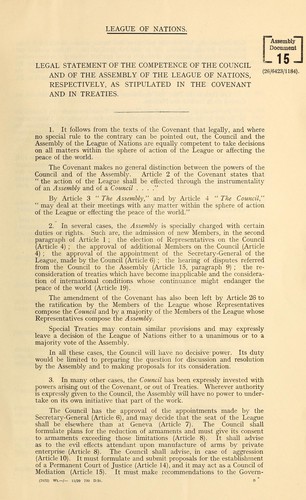 Legal statement of the competence of the Council and of the Assembly of the League of nations respectively