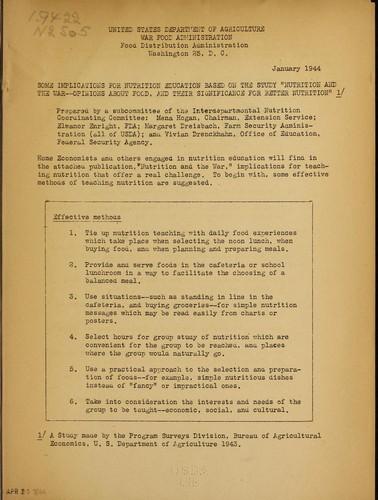 Some implications for nutrition education based on the study "Nutrition and the war--opinions about food and their significance for better nutrition."