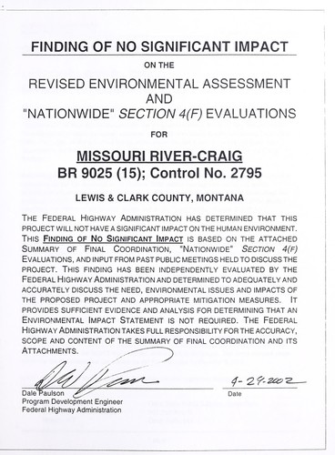 Finding of no significant impact on the revised environmental assessment and "nationwide" section 4(f) evaluations for Missouri River - Craig