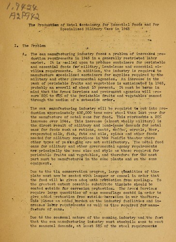 The production of metal containers for essential foods and for specialized military uses in 1945