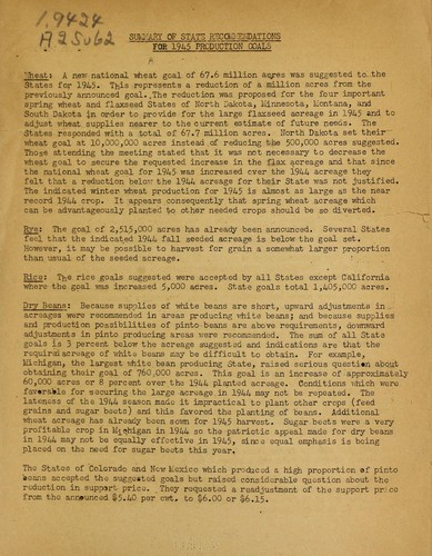 Summary of state recommendations for 1945 production goals
