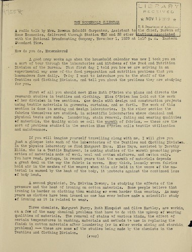 [Staff and research activities of the Textiles and Clothing Division of the Bureau of Home Economics]