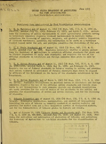 Regulatory laws administered by Food Distribution Administration