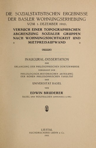 Die sozialstatistischen Ergebnisse der Basler Wohnungserhebung vom 10. Dezember 1910