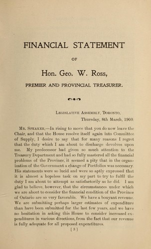 Financial statement of Hon. Geo. W. Ross, treasurer of the province of Ontario