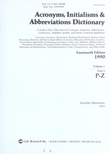 Acronyms, Initialisms and Abbreviations Dictionary, 1989 (Acronyms, Initialisms & Abbreviations Dictionary, A-F (Vol.1))