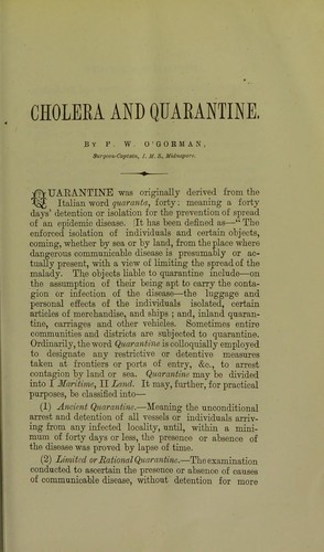 Cholera and quarantine. (read at the Indian Medical Congress, 1894)