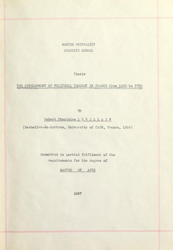 (The) development of political thought in France from 1660 to 1760
