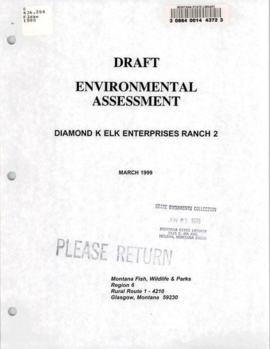 Draft environmental assessment Diamond K Elk Enterprises Ranch 2