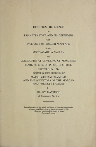 Historical reference to Pricketts' Fort and its defenders