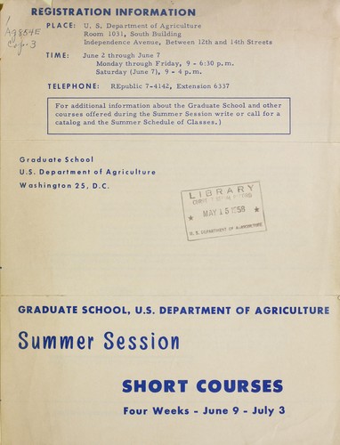 Summer session, Graduate School, U.S. Dept. of Agriculture short courses