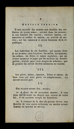 Projet de de cret lu a   la tribune de la Convention nationale le 4 avril, et pre sente  au nom des Comite s de la guerre et de la marine re unis, par le citoyen Delbrel, membre du comite  de la guerre, sur les secours a   accorder aux familles des militaires de toutes les arme es et des marins employe s au service de la Re publique