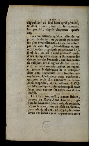 Observations sur le projet de de cret du Comite  des domaines pour la restitution des biens des religionnaires fugitifs