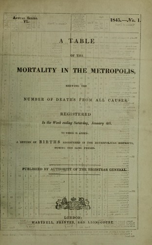 A table of mortality for the metropolis, shewing the number of deaths from all causes registered in the Week ending Saturday, the 11th January, 1840-1849. Annual series 1-10