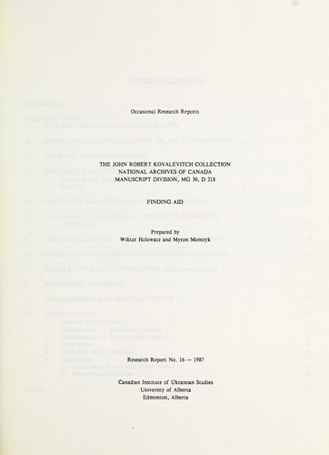 The John Robert Kovalevitch Collection, National Archives of Canada, Manuscript Division, MG 30, D 218