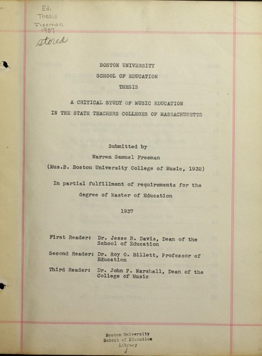 Critical study of music education in the state teachers colleges of Massachusetts