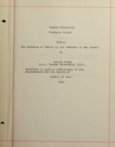 The doctrine of humors in the comedies of Ben Johnson