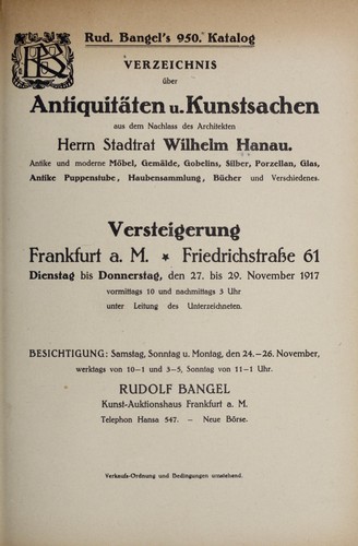 Verzeichnis ©ơber Antiquit©Þten u. Kunstsachen aus dem Nachlass der Architekten Herrn Stadtrat Wilhelm Hanau